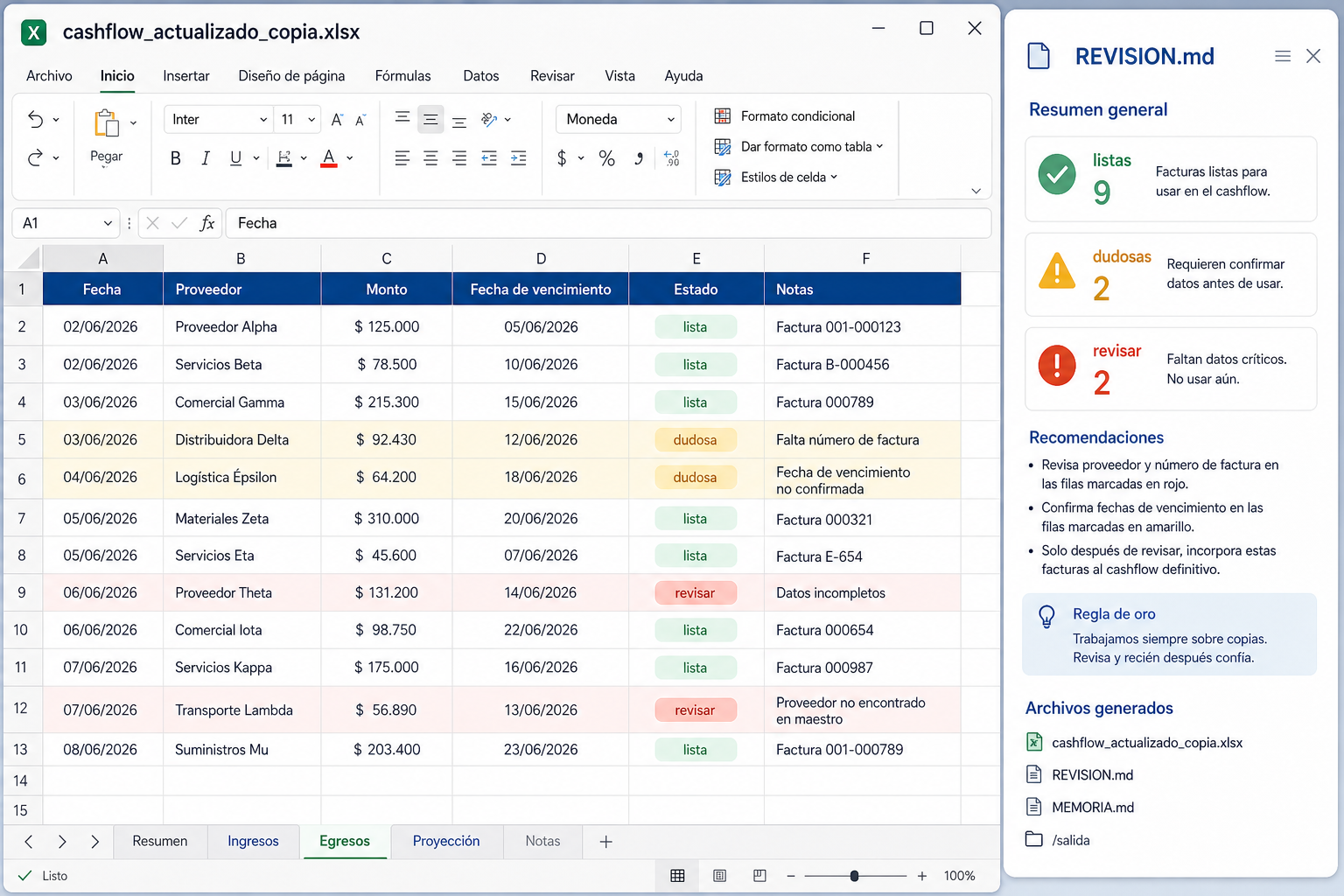 Mockup de una copia de Excel de cashflow actualizada con facturas nuevas y un panel REVISION.md con filas listas, dudosas y para revisar.