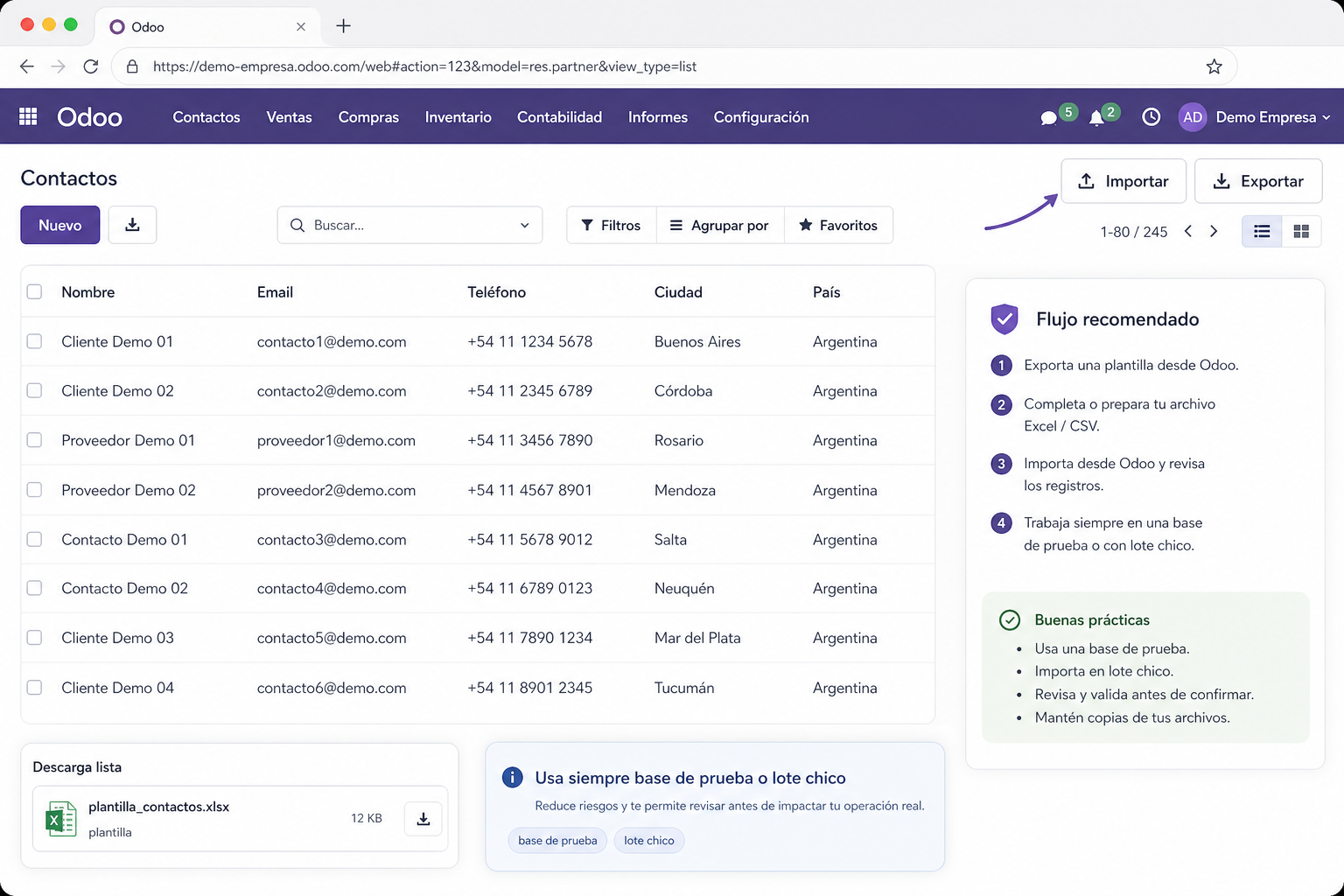 Mockup de Odoo con botones Importar y Exportar, una plantilla descargable y recomendación de trabajar con base de prueba o lote pequeño.