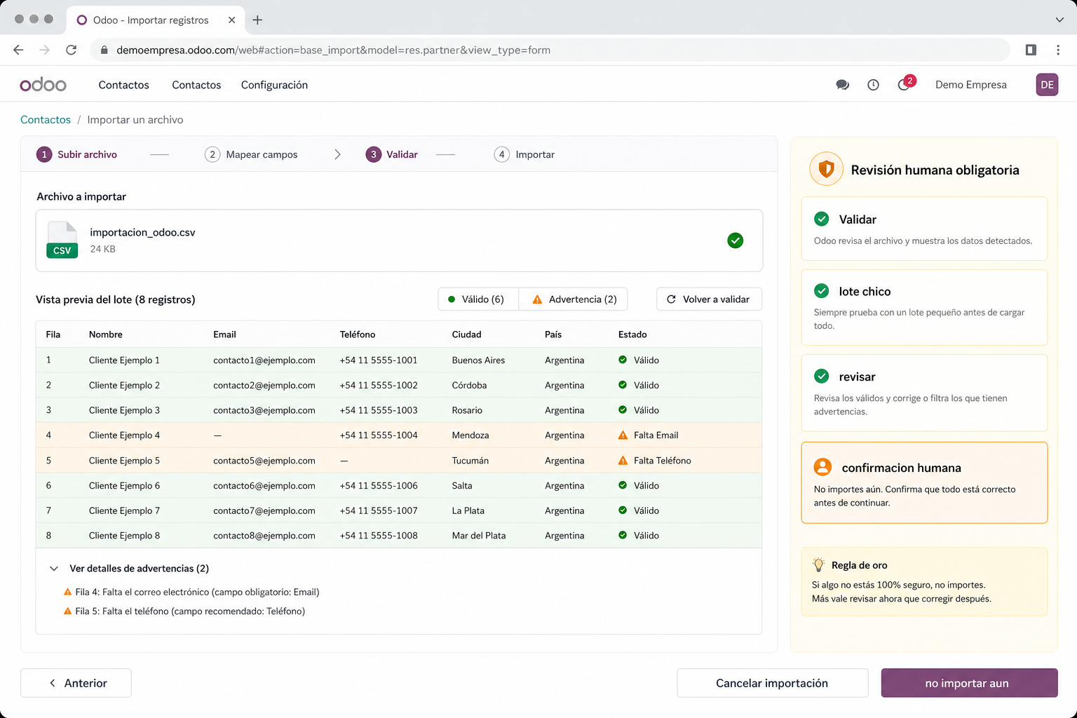 Mockup de pantalla de importación de Odoo con archivo importacion_odoo.csv, validación de lote pequeño, advertencias y panel de confirmación humana.